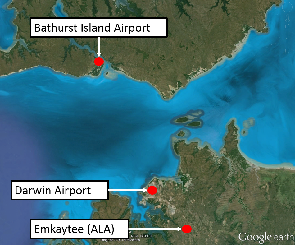 Figure 1: Image showing Bathurst Island, Darwin and Emkaytee airports